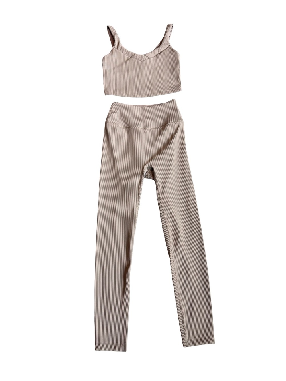 Beyond Yoga Two Piece Workout Set Tan Ribbed Leggings Sports Bra Small Women's